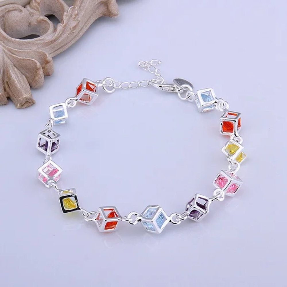 Beautiful Multi - Colored Box Style Ladies Bracelet .925 Solid Sterling Silver - Picture 4 of 5